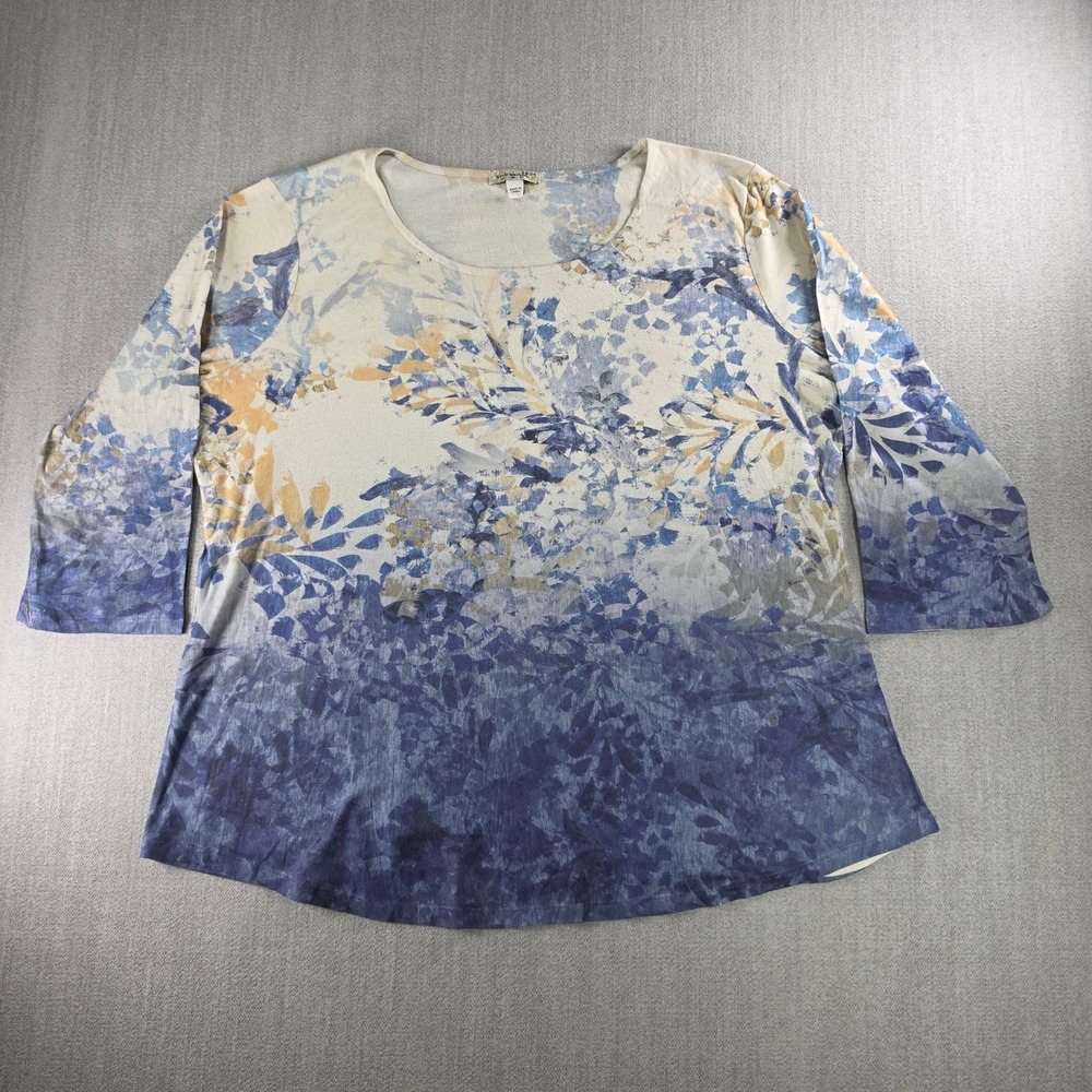 One World Top Womens 2X Blue‎ Floral Rhinestone 3/4 Sleeve Scoop Neck Blouse
